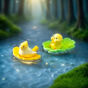 Two cute yellow bird figurines floating on leaves for aquarium DIY micro landscape decor
