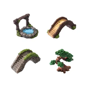Lot de 4 mini ornements de jardin en résine avec ponts en pierre puits et pin décoratif