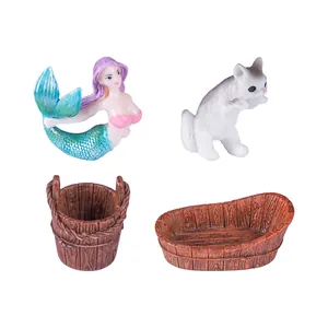 Set di figurine in resina di sirena e gatto per decorazione giardino casa delle bambole