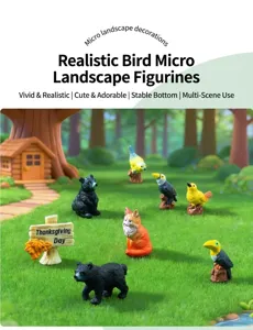 Grupo de figuras en miniatura de pájaros y osos realistas en un micro paisaje forestal