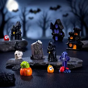 Ornements en Résine de Micro Paysage d'Halloween Château Hanté Corbeau Crâne Croix Citrouille Faucheuse DIY Fée Jardin Décoration Miniature