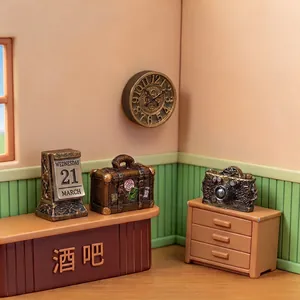 Vintage miniature dollhouse decoration set with retro clock and camera props.