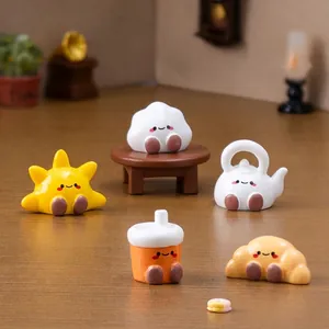 Cute miniature figurines set featuring sun, croissant, and milk tea for DIY dollhouse decor