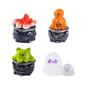 4-teiliges Set Halloween-Miniaturfiguren aus Harz mit Hexenkesseln und süßen Geistern