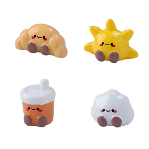 Set of 4 cute miniature resin figurines including croissant sun bubble tea and cloud
