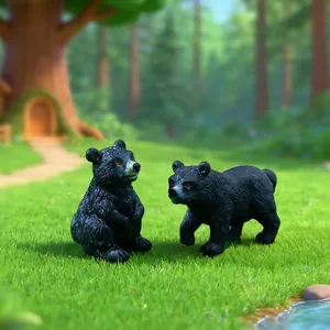 Two realistic miniature black bear figurines for DIY fairy garden and micro landscape decor.