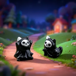Adorable miniature Halloween ghost cat figurines with skull masks for DIY home decor