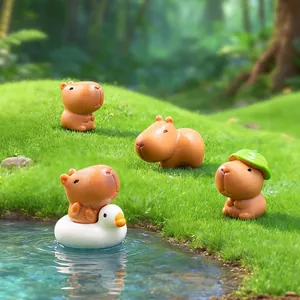 Cute Capybara Micro Landscape Resin Figurines With Lotus Leaf Hat Duck Swimming Ring Miniature Animal Garden Decor Ornaments