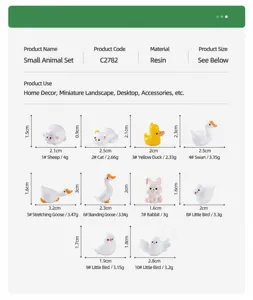 Detailed size chart for various miniature resin animal figurines with dimensions and weights