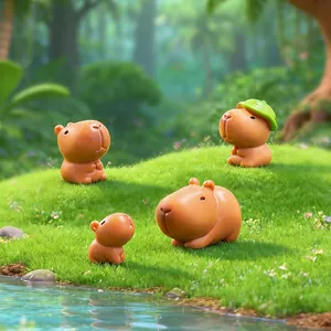 Cute miniature capybara figurines with green leaf hat for micro landscape garden decor.