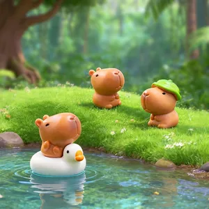 Cute miniature capybara figurines with leaf hat and duck floatie for garden decor