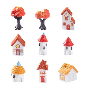 Set of 9 European retro miniature red-roofed houses and autumn trees for DIY landscapes