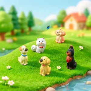 Set di cinque graziose statuette di cani in miniatura per micro paesaggi e decoro DIY