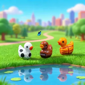 Set de tres figuras de patos en miniatura con temática deportiva para decoración jardín