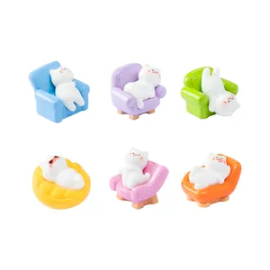 Set of 6 cute miniature white cat figurines on colorful sofas for dollhouse DIY decor