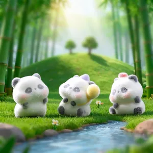Set of 3 cute flocked panda figurines for miniature fairy garden and desk decor