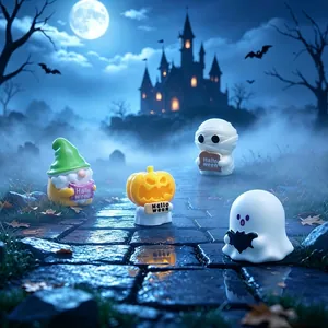 Miniature Halloween figurines featuring gnome, mummy, and ghost for desk decor