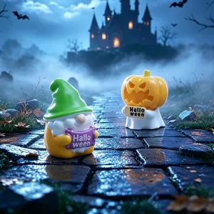 Cute Halloween gnome and pumpkin ghost miniature figurines for desktop decoration.