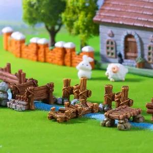 Handcrafted miniature resin wood fence and stone bridge for DIY micro-landscape garden decor