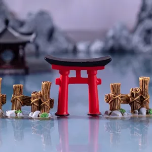 Miniature red Torii gate and wooden fence landscape ornaments for DIY garden terrarium decor