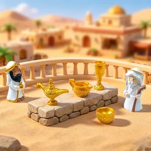 Miniature golden resin dollhouse tableware and character figures in a desert scene