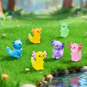 Set of cute luminous axolotl resin miniatures for micro landscape DIY decoration.