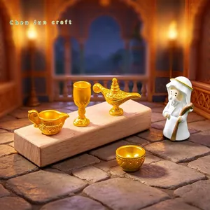 Miniature golden tableware set with Arabic figurine for dollhouse decor and DIY crafts