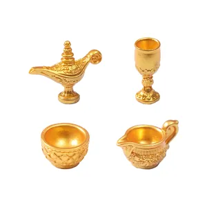 Set of four miniature golden resin tableware ornaments for creative dollhouse DIY decor