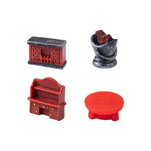 Set of 4 miniature dollhouse furniture accessories including fireplace, bucket and table