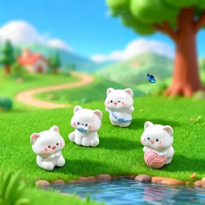 Set van vier schatige witte kattenfiguurtjes voor micro-landschap en DIY tuindecoratie.