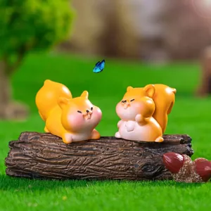 Cute chubby squirrel figurines on log for DIY miniature garden landscape decoration
