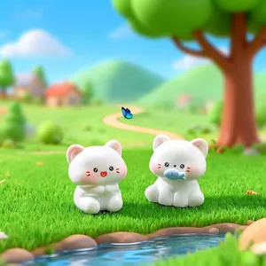 Schattige witte kattenfiguurtjes set voor miniatuur tuin decoratie met etende kat pop
