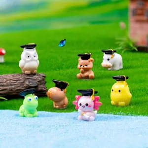 Cute Graduation Cap Cartoon Animal Figurines Resin Frog Bear Axolotl Owl Chick Capybara Cow Micro Landscape DIY Ornament
