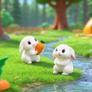 Par de lindas figuritas de conejos blancos en miniatura con zanahoria para jardín