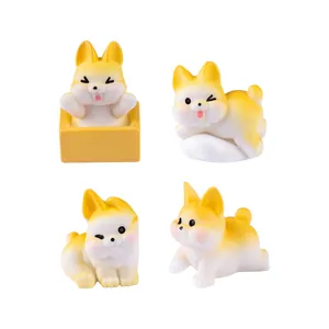 Set of four cute chubby Corgi dog miniature figurines for dollhouse and landscape decor
