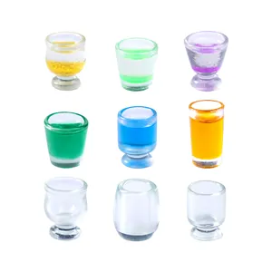 Set of 9 colorful miniature cups with simulated fruit juices for dollhouses and DIY crafts.