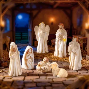 Set of miniature nativity scene resin figurines for rustic Christmas desktop decoration