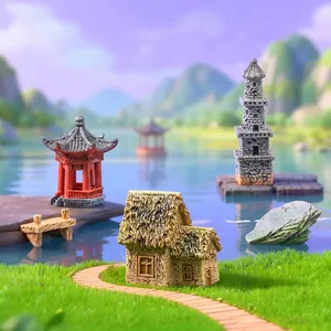 Miniature landscape decoration set featuring stone pagoda, pavilion, and hut for DIY garden