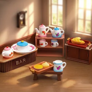 Vintage Miniature Resin Tea Set Floral Print Dollhouse Accessories Retro Tiny Teapot Cups Trays Micro Landscape Decor