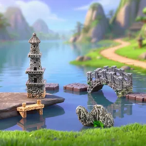 Miniature stone pagoda tower and arched bridge for DIY garden micro landscape decor