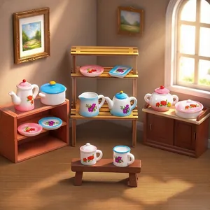 Miniature vintage floral ceramic teapot and tea cup set for dollhouse DIY decoration