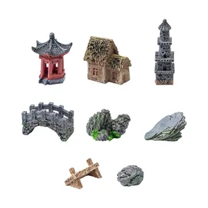 Miniature landscaping set with pagoda, hut, stone bridge and mossy rocks for DIY bonsai