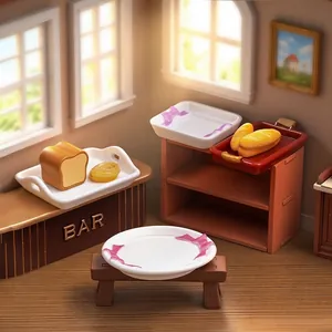 Miniature dollhouse ceramic trays with bow detail and mini bread loaf accessories