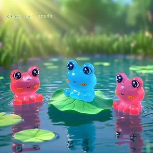 Luminous cute resin frog miniatures sitting on lotus leaf for garden DIY decor