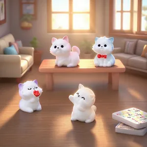 Set of 4 cute miniature white kitten figurines with bow ties for DIY dollhouse decoration
