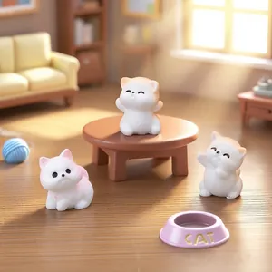 Three cute miniature cat figurines in a cozy dollhouse setting on a table