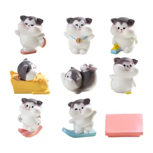 Set de figuras en miniatura de gatos husky para decoración creativa de paisajes de invierno