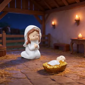Schattige miniatuur kerststalfiguren van hars met Maria en baby Jezus in een stal