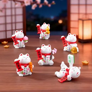 Set of 6 miniature Maneki-neko lucky cat figurines for DIY dollhouse desktop decoration