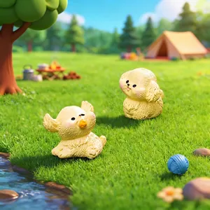Simpatiche statuette di cuccioli di golden retriever in una scena di campeggio in miniatura.